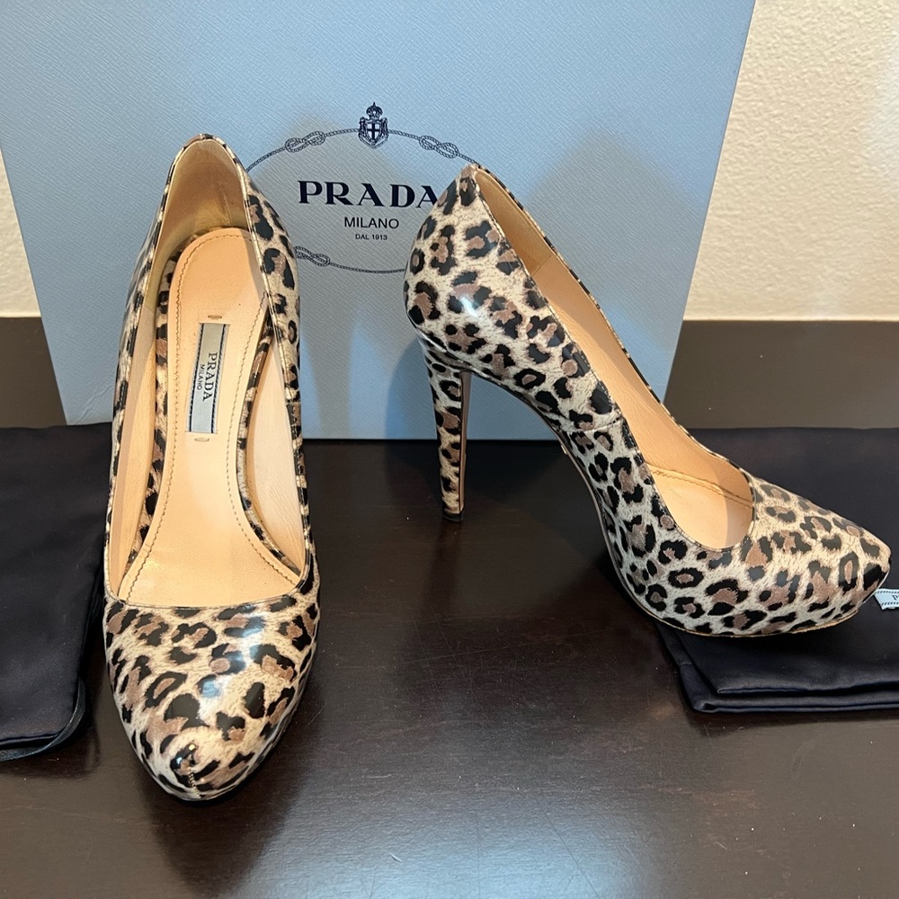 Prada Animal Print Patent Leather Platform Pumps 37.5